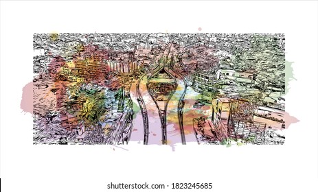Building view with landmark of Aurangabad is a city in the Indian state of Maharashtra. Watercolor splash with hand drawn sketch illustration in vector.