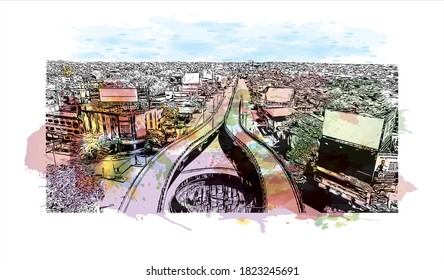 Building view with landmark of Aurangabad is a city in the Indian state of Maharashtra. Watercolor splash with hand drawn sketch illustration in vector.
