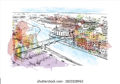 Building view with landmark of Aurora is a city in the U.S. state of Illinois. Watercolor splash with hand drawn sketch illustration in vector.