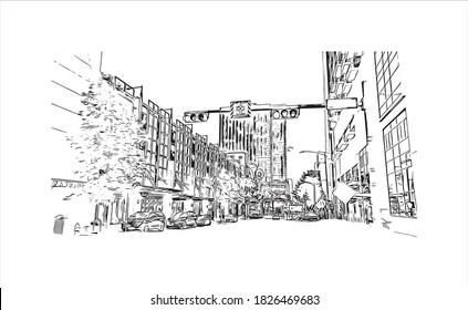 Bausicht mit Wahrzeichen von Austin ist die Hauptstadt der Vereinigten Staaten von Texas. Handgezeichnete Skizzengrafik in Vektorgrafik.