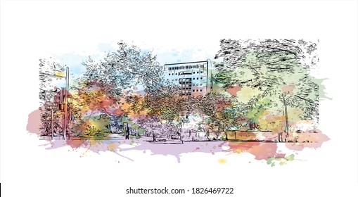 Bausicht mit Wahrzeichen von Austin ist die Hauptstadt der Vereinigten Staaten von Texas. Aquarellspritzer mit handgezeichneter Skizzengrafik in Vektorgrafik.