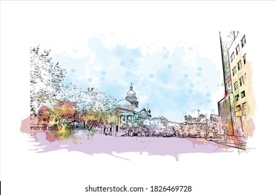 Building view with landmark of Austin is the capital city of the United State of Texas. Watercolor splash with hand drawn sketch illustration in vector.