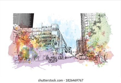 Building view with landmark of Austin is the capital city of the United State of Texas. Watercolor splash with hand drawn sketch illustration in vector.