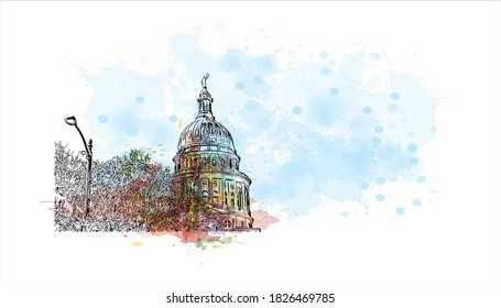 Building view with landmark of Austin is the capital city of the United State of Texas. Watercolor splash with hand drawn sketch illustration in vector.