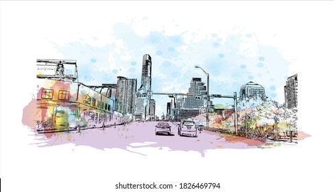 Building view with landmark of Austin is the capital city of the United State of Texas. Watercolor splash with hand drawn sketch illustration in vector.