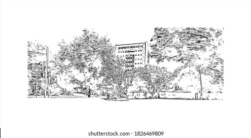 Construir vistas con monumentos de Austin es la capital de los Estados Unidos de Texas. Dibujo a mano de ilustración de esbozo en vector.