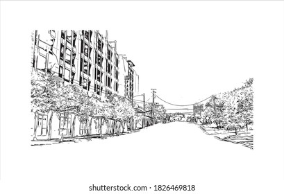 Construir vistas con monumentos de Austin es la capital de los Estados Unidos de Texas. Dibujo a mano de ilustración de esbozo en vector.
