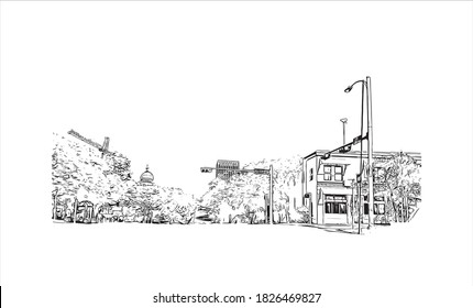 Building view with landmark of Austin is the capital city of the United State of Texas. Hand drawn sketch illustration in vector.