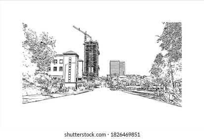 Building view with landmark of Austin is the capital city of the United State of Texas. Hand drawn sketch illustration in vector.