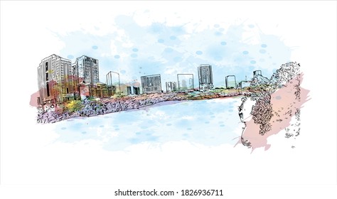 Building view with landmark of Austin is the capital city of the United State of Texas. Watercolor splash with hand drawn sketch illustration in vector.