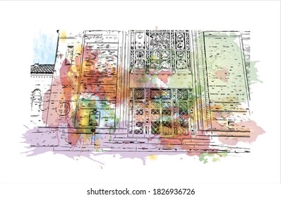 Building view with landmark of Austin is the capital city of the United State of Texas. Watercolor splash with hand drawn sketch illustration in vector.