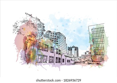 Construir vistas con monumentos de Austin es la capital de los Estados Unidos de Texas. Salto de color de agua con ilustración de esbozo dibujada a mano en vector.