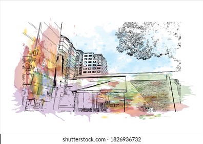 Building view with landmark of Austin is the capital city of the United State of Texas. Watercolor splash with hand drawn sketch illustration in vector.