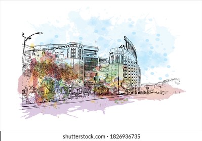 Building view with landmark of Austin is the capital city of the United State of Texas. Watercolor splash with hand drawn sketch illustration in vector.