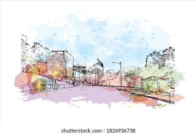 Building view with landmark of Austin is the capital city of the United State of Texas. Watercolor splash with hand drawn sketch illustration in vector.