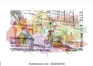 Building view with landmark of Austin is the capital city of the United State of Texas. Watercolor splash with hand drawn sketch illustration in vector.