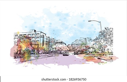 Building view with landmark of Austin is the capital city of the United State of Texas. Watercolor splash with hand drawn sketch illustration in vector.