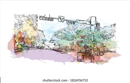 Building view with landmark of Austin is the capital city of the United State of Texas. Watercolor splash with hand drawn sketch illustration in vector.