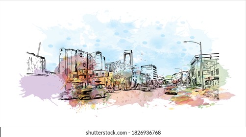 Building view with landmark of Austin is the capital city of the United State of Texas. Watercolor splash with hand drawn sketch illustration in vector.