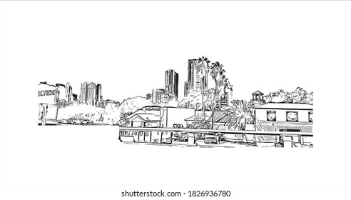 Building view with landmark of Austin is the capital city of the United State of Texas. Hand drawn sketch illustration in vector.