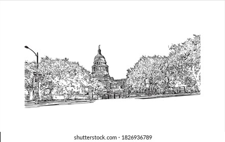 Building view with landmark of Austin is the capital city of the United State of Texas. Hand drawn sketch illustration in vector.