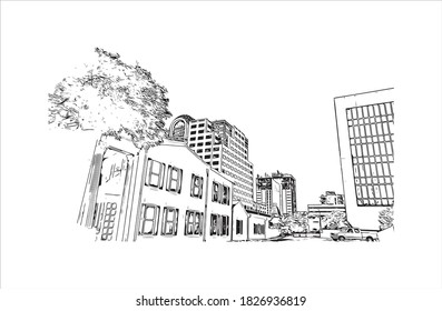 Building view with landmark of Austin is the capital city of the United State of Texas. Hand drawn sketch illustration in vector.