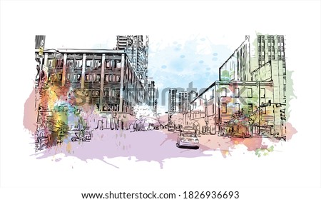 Building view with landmark of Austin is the capital city of the United State of Texas. Watercolor splash with hand drawn sketch illustration in vector.