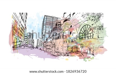 Building view with landmark of Austin is the capital city of the United State of Texas. Watercolor splash with hand drawn sketch illustration in vector.