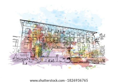 Building view with landmark of Austin is the capital city of the United State of Texas. Watercolor splash with hand drawn sketch illustration in vector.