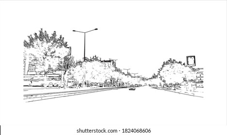 Construir vistas a Aydin es una de las ciudades más importantes de la región del Egeo de Turquía. Dibujo a mano de ilustración de esbozo en vector.