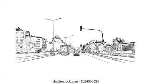 Die Bausicht mit Wahrzeichen von Aydin ist eine der wichtigsten Städte in der Ägäis Region der Türkei. Handgezeichnete Skizzengrafik in Vektorgrafik.