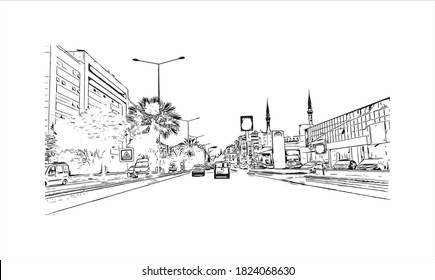 Building view with landmark of Aydin is one of the major cities in the Aegean region of Turkey. Hand drawn sketch illustration in vector.