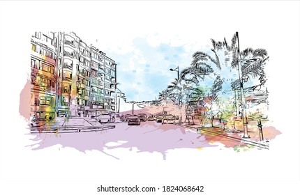 Building view with landmark of Aydin is one of the major cities in the Aegean region of Turkey. Watercolor splash with hand drawn sketch illustration in vector.