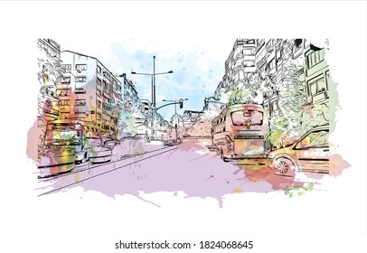Building view with landmark of Aydin is one of the major cities in the Aegean region of Turkey. Watercolor splash with hand drawn sketch illustration in vector.