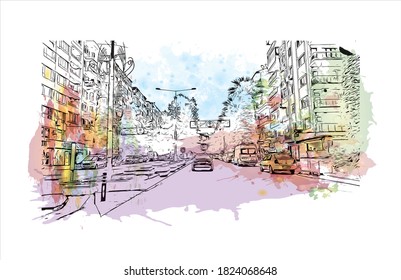 Building view with landmark of Aydin is one of the major cities in the Aegean region of Turkey. Watercolor splash with hand drawn sketch illustration in vector.