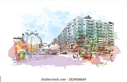 Building view with landmark of Aydin is one of the major cities in the Aegean region of Turkey. Watercolor splash with hand drawn sketch illustration in vector.