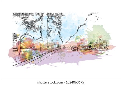 Construir vistas a Aydin es una de las ciudades más importantes de la región del Egeo de Turquía. Salto de color de agua con ilustración de esbozo dibujada a mano en vector.