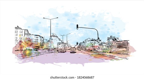Building view with landmark of Aydin is one of the major cities in the Aegean region of Turkey. Watercolor splash with hand drawn sketch illustration in vector.