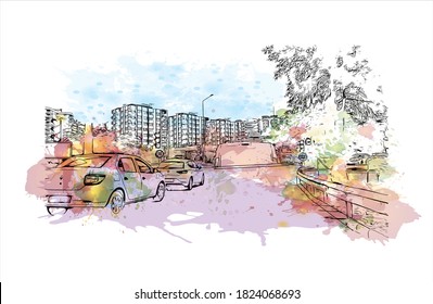 Building view with landmark of Aydin is one of the major cities in the Aegean region of Turkey. Watercolor splash with hand drawn sketch illustration in vector.