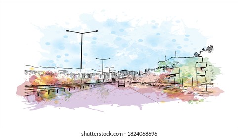 Building view with landmark of Aydin is one of the major cities in the Aegean region of Turkey. Watercolor splash with hand drawn sketch illustration in vector.