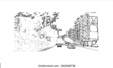Building view with landmark of Aydin is one of the major cities in the Aegean region of Turkey. Hand drawn sketch illustration in vector.