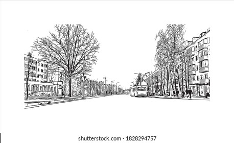 Building view with landmark of Babruysk is a city in the Mogilev Region of eastern Belarus on the Berezina river. Hand drawn sketch illustration in vector.