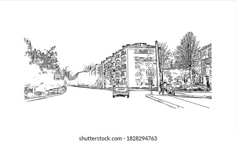 Building view with landmark of Babruysk is a city in the Mogilev Region of eastern Belarus on the Berezina river. Hand drawn sketch illustration in vector.