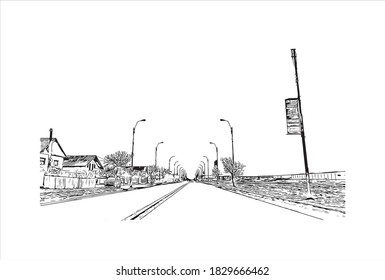 Building view with landmark of Bacau is the main city in Romania. Hand drawn sketch illustration in vector.