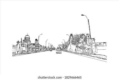 Building view with landmark of Bacau is the main city in Romania. Hand drawn sketch illustration in vector.