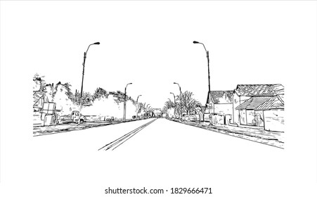 Building view with landmark of Bacau is the main city in Romania. Hand drawn sketch illustration in vector.