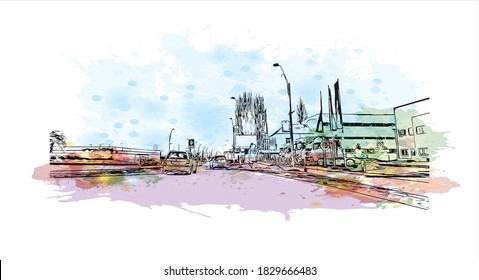 Construir vistas con monumentos de Bacau es la ciudad principal de Rumania. Salto de color de agua con ilustración de esbozo dibujada a mano en vector.