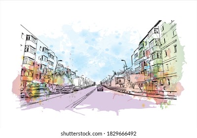 Bacau ist die Hauptstadt von Rumänien. Aquarellspritzer mit handgezeichneter Skizzengrafik in Vektorgrafik.