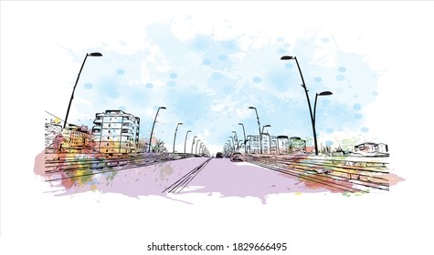 Construir vistas con monumentos de Bacau es la ciudad principal de Rumania. Salto de color de agua con ilustración de esbozo dibujada a mano en vector.