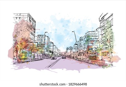 Construir vistas con monumentos de Bacau es la ciudad principal de Rumania. Salto de color de agua con ilustración de esbozo dibujada a mano en vector.